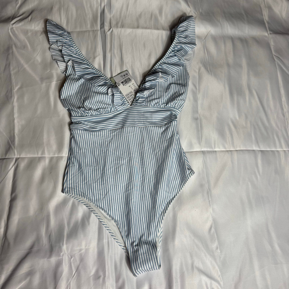 H&M Other - Women's H&M Striped Ruffle One Piece Swimsuit S White Blue